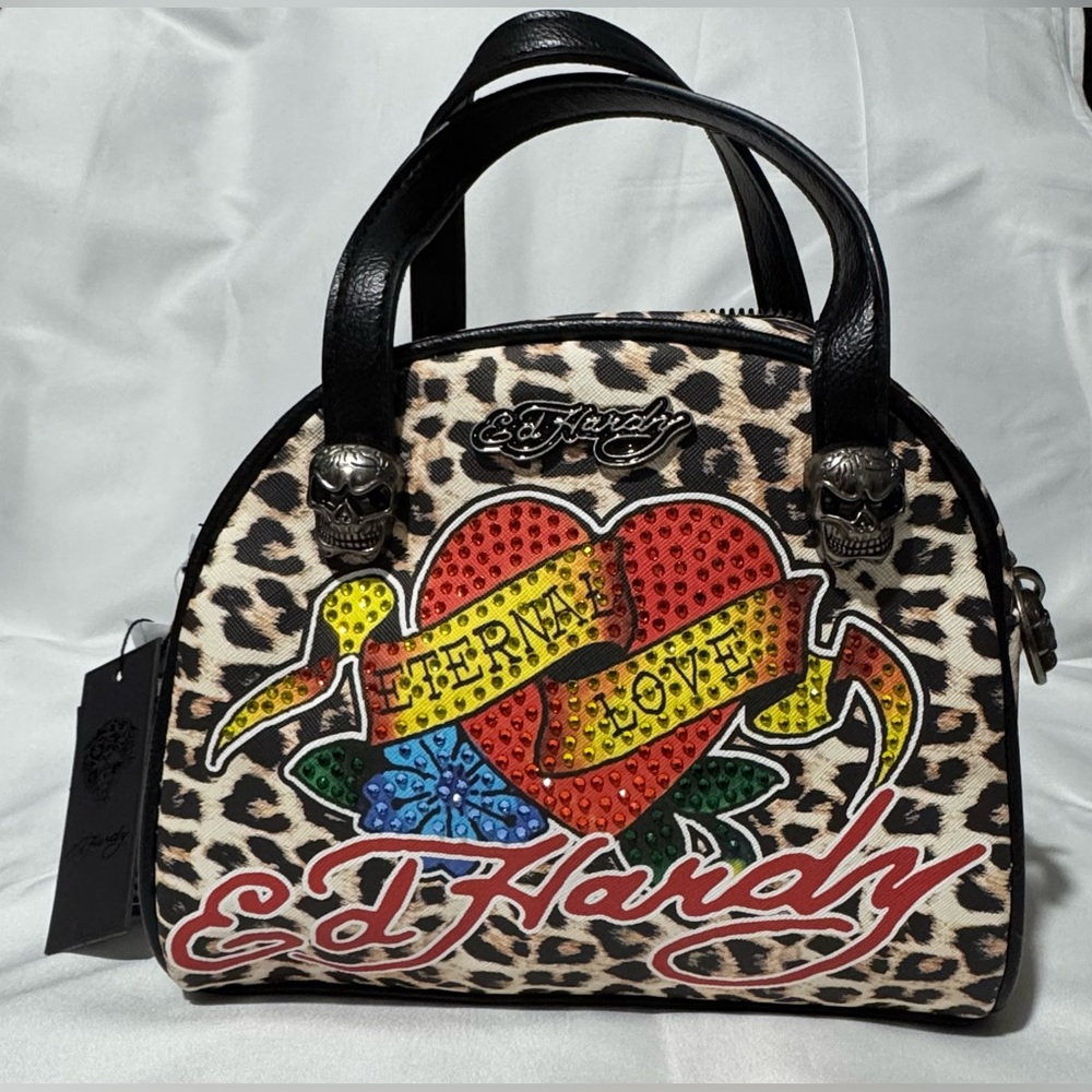 Ed Hardy Leopard Satchel with Heart and Skull Accents Ed Hardy Handbag